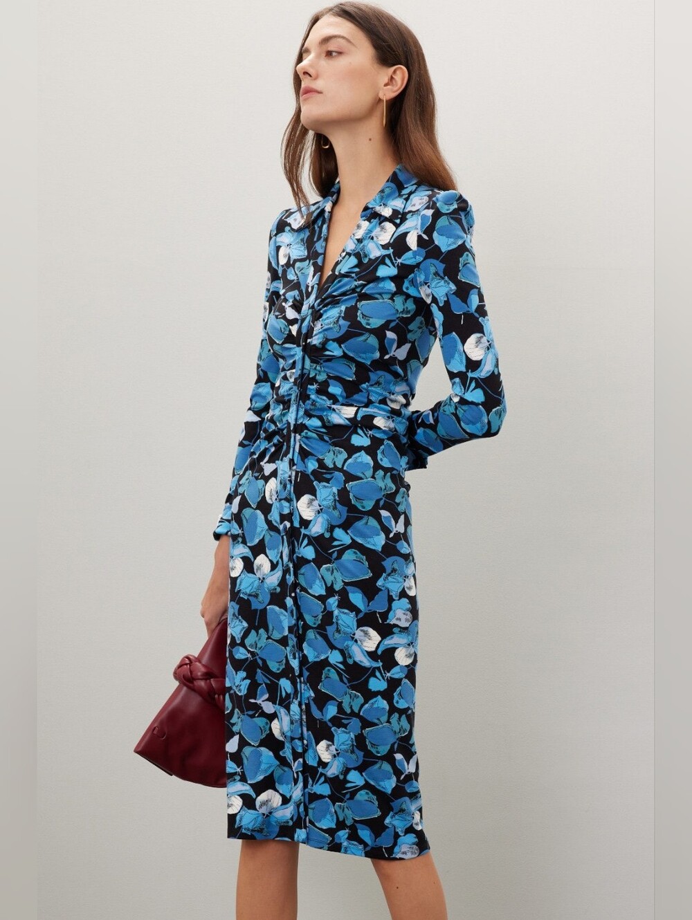 Diane Von Furstenberg Sheska Blue Floral Long-Sleeve Midi Dress Size 4